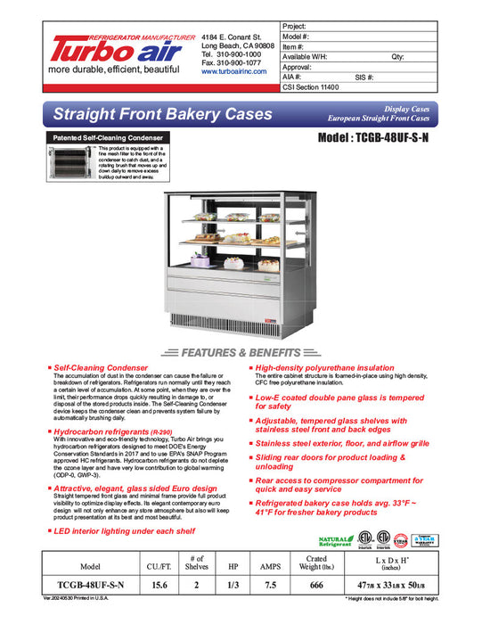 Turbo Air TCGB-48UF-S-N 47-7/8" Refrigerated Straight Glass Full-Service Bakery Display Case, 3 Levels, Stainless Steel Exterior, 115v - Donut-Equipment.com