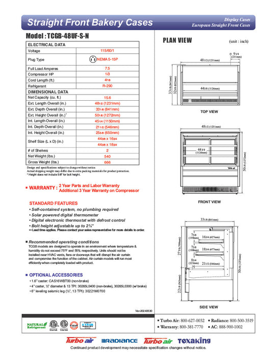 Turbo Air TCGB-48UF-S-N 47-7/8" Refrigerated Straight Glass Full-Service Bakery Display Case, 3 Levels, Stainless Steel Exterior, 115v - Donut-Equipment.com