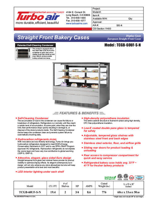 Turbo Air TCGB-60UF-S-N 60-1/2" Refrigerated Straight Glass Full-Service Bakery Display Case, 3 Levels, Stainless Steel Exterior, 115v - Donut-Equipment.com
