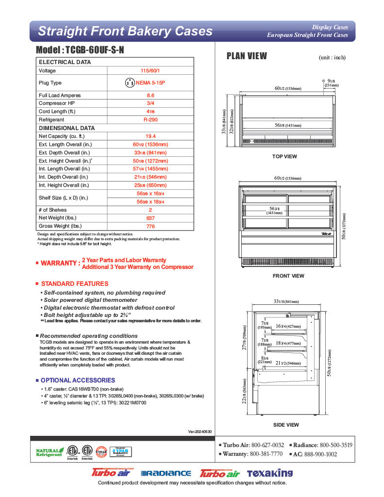 Turbo Air TCGB-60UF-S-N 60-1/2" Refrigerated Straight Glass Full-Service Bakery Display Case, 3 Levels, Stainless Steel Exterior, 115v - Donut-Equipment.com