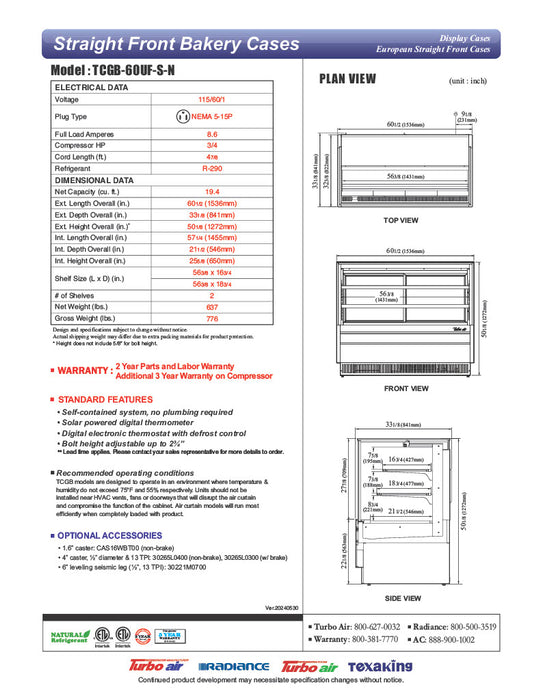 Turbo Air TCGB-60UF-S-N 60-1/2" Refrigerated Straight Glass Full-Service Bakery Display Case, 3 Levels, Stainless Steel Exterior, 115v - Donut-Equipment.com