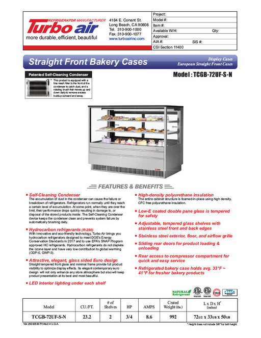 Turbo Air TCGB-72UF-S-N 72-1/2" Refrigerated Straight Glass Full-Service Bakery Display Case, 3 Levels, Stainless Steel Exterior, 115v - Donut-Equipment.com