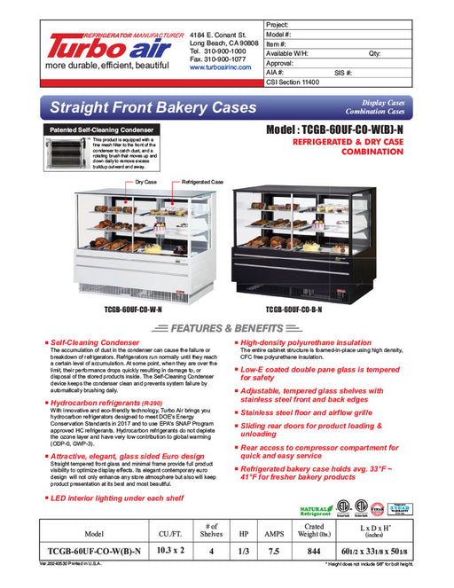 Turbo Air TCGB-60UF-CO-B-N 60-1/2" Straight Glass Full-Service Dual Zone Dry/Refrigerated Bakery Display Case, 3 Levels, Black Exterior, 115v - Donut-Equipment.com