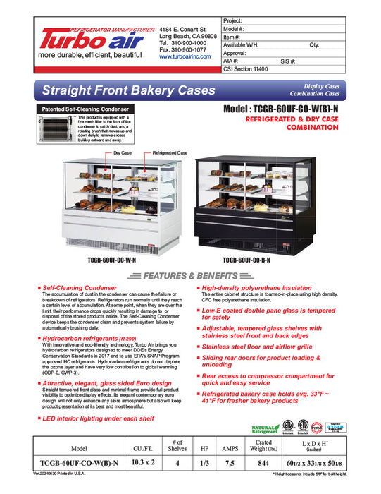 Turbo Air TCGB-60UF-CO-B-N 60-1/2" Straight Glass Full-Service Dual Zone Dry/Refrigerated Bakery Display Case, 3 Levels, Black Exterior, 115v - Donut-Equipment.com