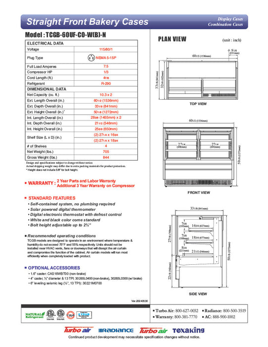 Turbo Air TCGB-60UF-CO-B-N 60-1/2" Straight Glass Full-Service Dual Zone Dry/Refrigerated Bakery Display Case, 3 Levels, Black Exterior, 115v - Donut-Equipment.com