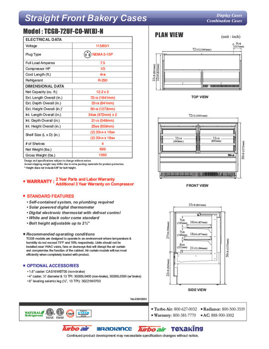 Turbo Air TCGB-72UF-CO-B-N 72-1/2" Straight Glass Full-Service Dual Zone Dry/Refrigerated Deli Display Case, 3 Levels, Black Exterior, 115v - Donut-Equipment.com