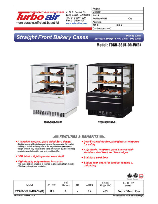Turbo Air TCGB-36UF-DR-B 36" Straight Glass Full-Service Dry Bakery Display Case, 3 Levels, Black Exterior, 115v - Donut-Equipment.com