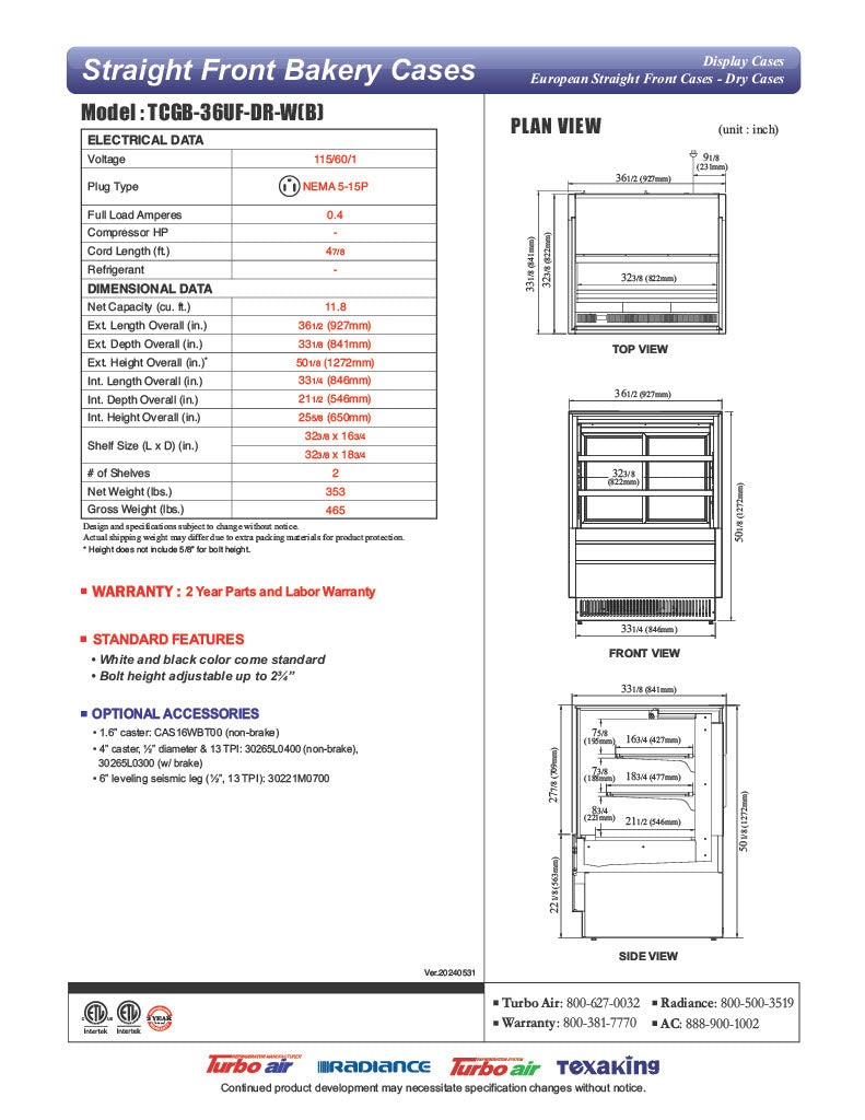 Turbo Air TCGB-36UF-DR-B 36" Straight Glass Full-Service Dry Bakery Display Case, 3 Levels, Black Exterior, 115v - Donut-Equipment.com