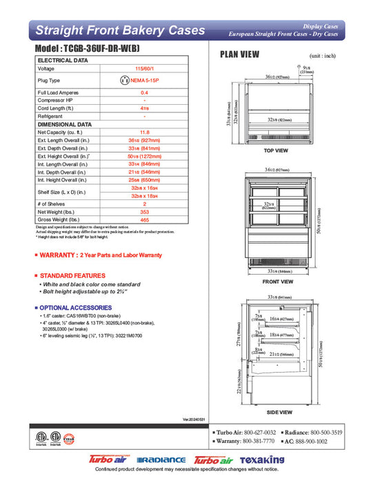 Turbo Air TCGB-36UF-DR-B 36" Straight Glass Full-Service Dry Bakery Display Case, 3 Levels, Black Exterior, 115v - Donut-Equipment.com