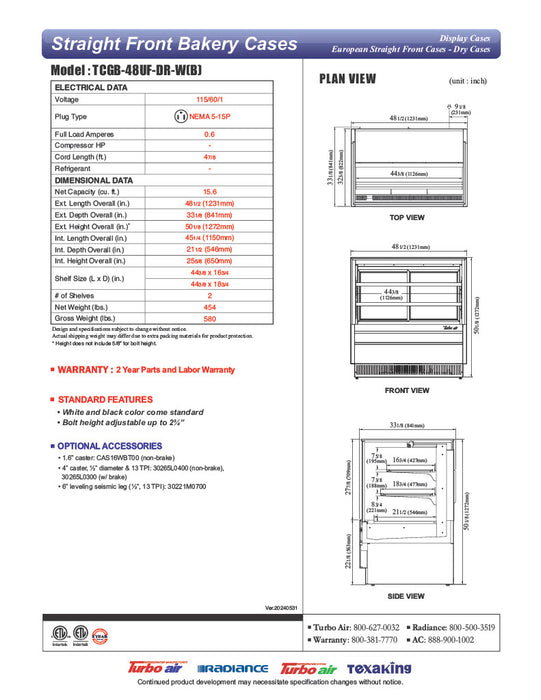 Turbo Air TCGB-48UF-DR-B 48" Straight Glass Full-Service Dry Bakery Display Case, 3 Levels, Black Exterior, 115v - Donut-Equipment.com
