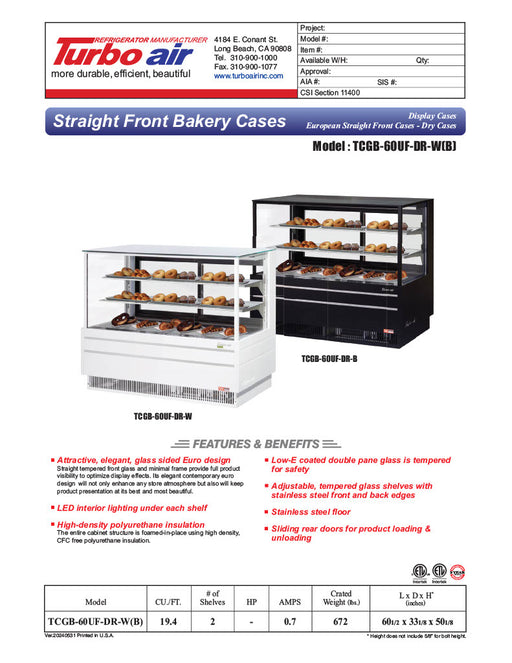 Turbo Air TCGB-60UF-DR-B 60" Straight Glass Full-Service Dry Bakery Display Case, 3 Levels, Black Exterior, 115v - Donut-Equipment.com