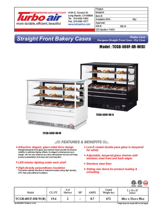 Turbo Air TCGB-60UF-DR-B 60" Straight Glass Full-Service Dry Bakery Display Case, 3 Levels, Black Exterior, 115v - Donut-Equipment.com