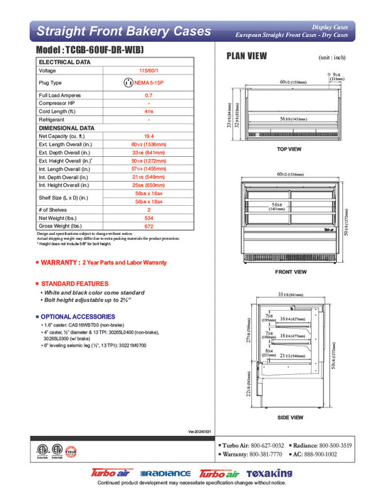 Turbo Air TCGB-60UF-DR-B 60" Straight Glass Full-Service Dry Bakery Display Case, 3 Levels, Black Exterior, 115v - Donut-Equipment.com