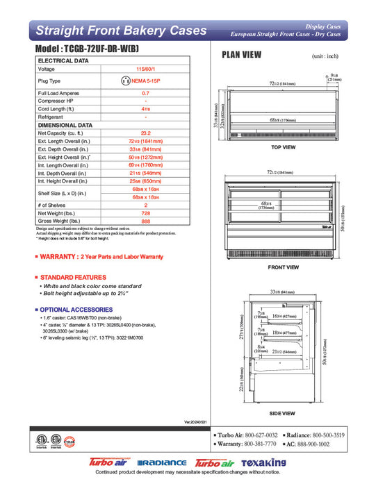 Turbo Air TCGB-72UF-DR-B 72" Straight Glass Full-Service Dry Bakery Display Case, 3 Levels, Black Exterior, 115v - Donut-Equipment.com