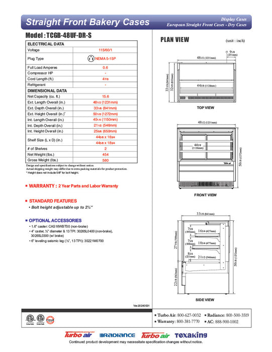 Turbo Air TCGB-48UF-DR-S 48" Straight Glass Full-Service Dry Bakery Display Case, 3 Levels, Stainless Steel Exterior, 115v - Donut-Equipment.com
