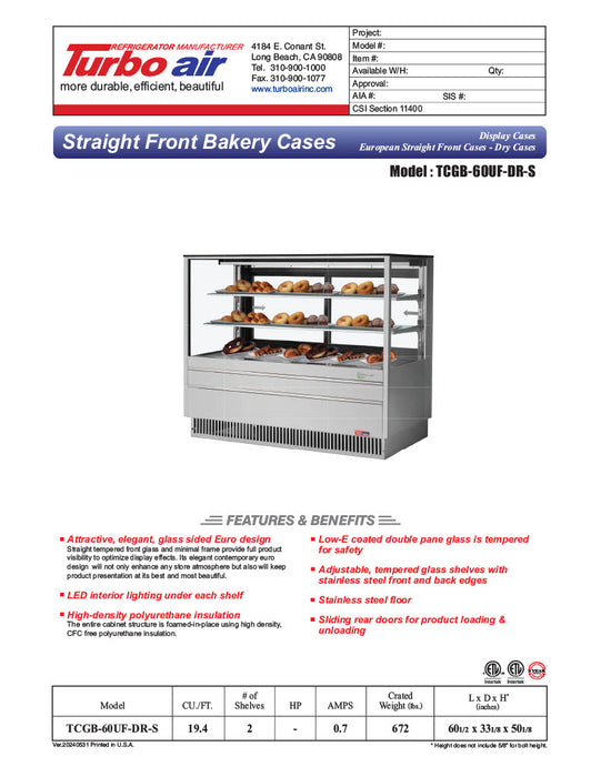 Turbo Air TCGB-60UF-DR-S 60-1/2" Straight Glass Full-Service Dry Bakery Display Case, 3 Levels, Stainless Steel Exterior, 115v - Donut-Equipment.com