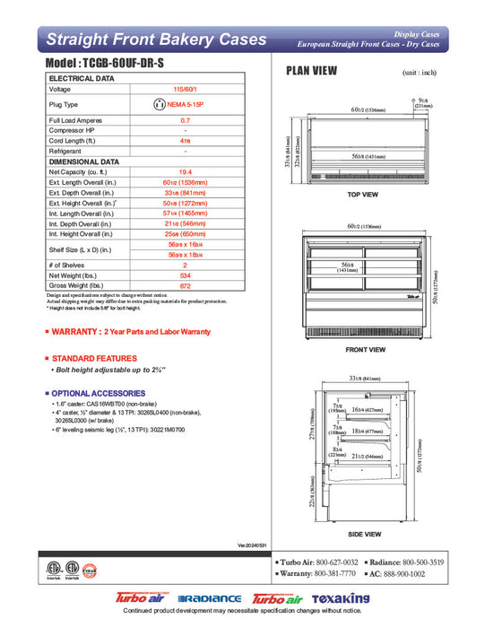 Turbo Air TCGB-60UF-DR-S 60-1/2" Straight Glass Full-Service Dry Bakery Display Case, 3 Levels, Stainless Steel Exterior, 115v - Donut-Equipment.com