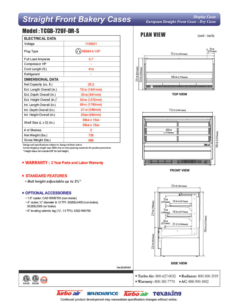Turbo Air TCGB-72UF-DR-S 72" Straight Glass Full-Service Dry Bakery Display Case, 3 Levels, Stainless Steel Exterior, 115v - Donut-Equipment.com