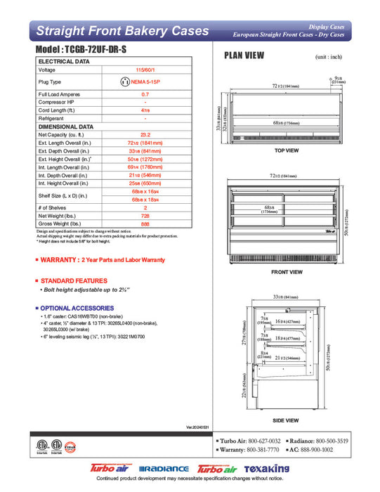 Turbo Air TCGB-72UF-DR-S 72" Straight Glass Full-Service Dry Bakery Display Case, 3 Levels, Stainless Steel Exterior, 115v - Donut-Equipment.com