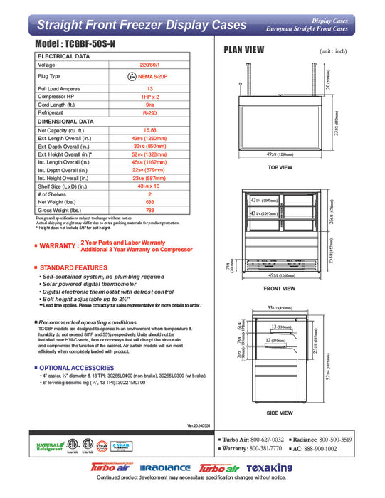 Turbo Air TCGBF-50S-N 49-5/8" Straight Glass Full-Service Freezer Bakery Display Case, 3 Levels, Stainless Steel Exterior, 220v/1ph - Donut-Equipment.com