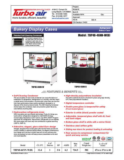 Turbo Air TBP48-46NN-B 47-1/4" Refrigerated Straight Glass Full-Service Bakery Display Case, 2 Levels, Black Exterior, 115v - Donut-Equipment.com