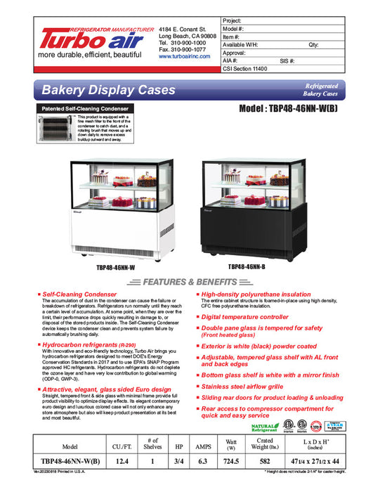 Turbo Air TBP48-46NN-B 47-1/4" Refrigerated Straight Glass Full-Service Bakery Display Case, 2 Levels, Black Exterior, 115v - Donut-Equipment.com