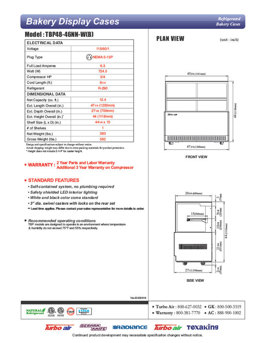 Turbo Air TBP48-46NN-B 47-1/4" Refrigerated Straight Glass Full-Service Bakery Display Case, 2 Levels, Black Exterior, 115v - Donut-Equipment.com