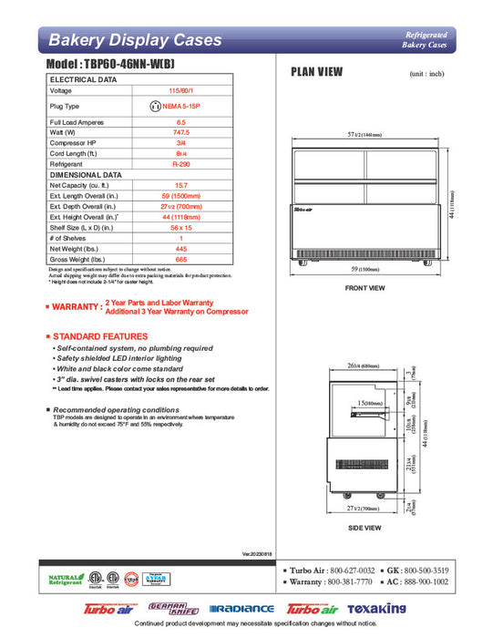 Turbo Air TBP60-46NN-B 59" Straight Glass Full-Service Bakery Display Case, 2 Levels, Black Exterior, 115v - Donut-Equipment.com