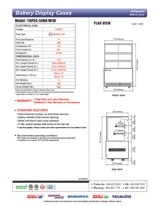 Turbo Air TBP36-54NN-B 35-3/8" Straight Glass Full-Service Bakery Display Case, 3 Levels, Black Exterior, 115v - Donut-Equipment.com