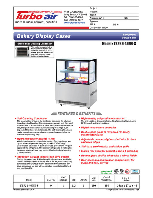 Turbo Air TBP36-46NN-S 35-3/8" Straight Glass Full-Service Bakery Display Case, 2 Levels, Stainless Steel Exterior, 115v - Donut-Equipment.com
