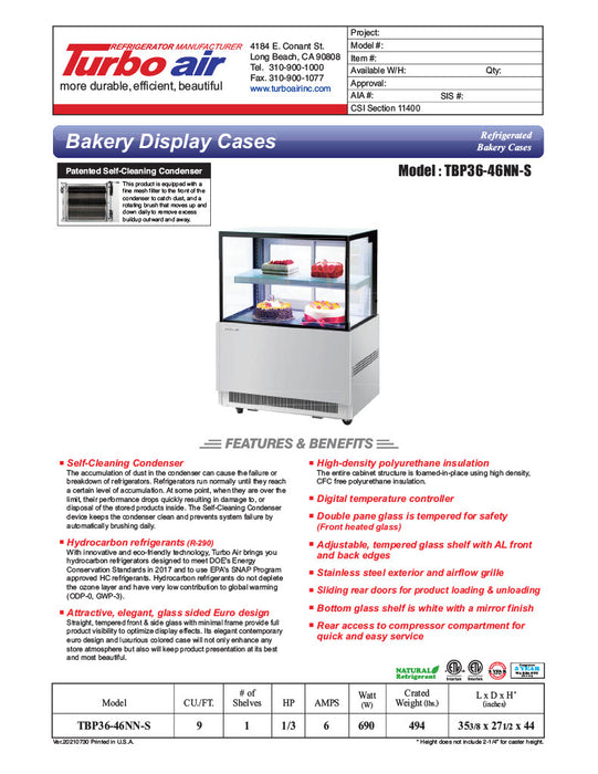 Turbo Air TBP36-46NN-S 35-3/8" Straight Glass Full-Service Bakery Display Case, 2 Levels, Stainless Steel Exterior, 115v - Donut-Equipment.com