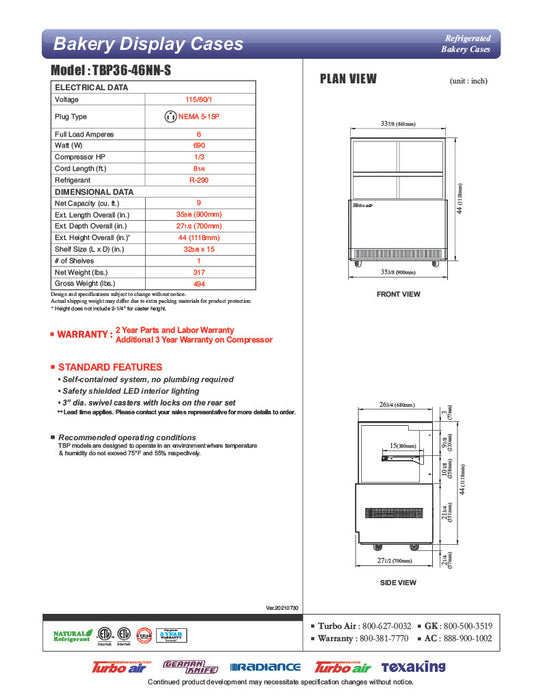 Turbo Air TBP36-46NN-S 35-3/8" Straight Glass Full-Service Bakery Display Case, 2 Levels, Stainless Steel Exterior, 115v - Donut-Equipment.com