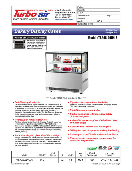 Turbo Air TBP48-46NN-S 47-1/4" Straight Glass Full-Service Bakery Display Case, 2 Levels, Stainless Steel Exterior, 115v - Donut-Equipment.com