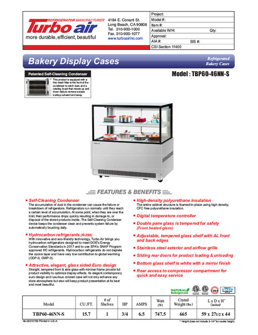 Turbo Air TBP60-46NN-S 59" Straight Glass Full-Service Bakery Display Case, 2 Levels, Stainless Steel Exterior, 115v - Donut-Equipment.com