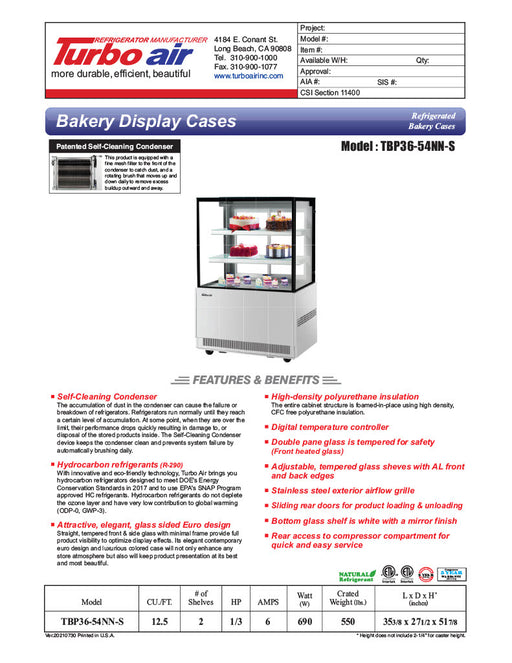 Turbo Air TBP36-54NN-S 35-3/8" Straight Glass Full-Service Bakery Display Case, 3 Levels, Stainless Steel Exterior, 115v          Ask ChatGPT - Donut-Equipment.com