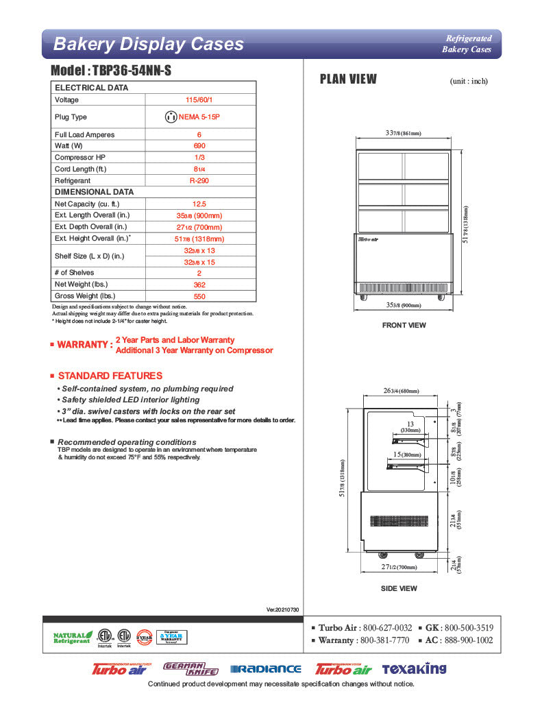 Turbo Air TBP36-54NN-S 35-3/8" Straight Glass Full-Service Bakery Display Case, 3 Levels, Stainless Steel Exterior, 115v          Ask ChatGPT - Donut-Equipment.com