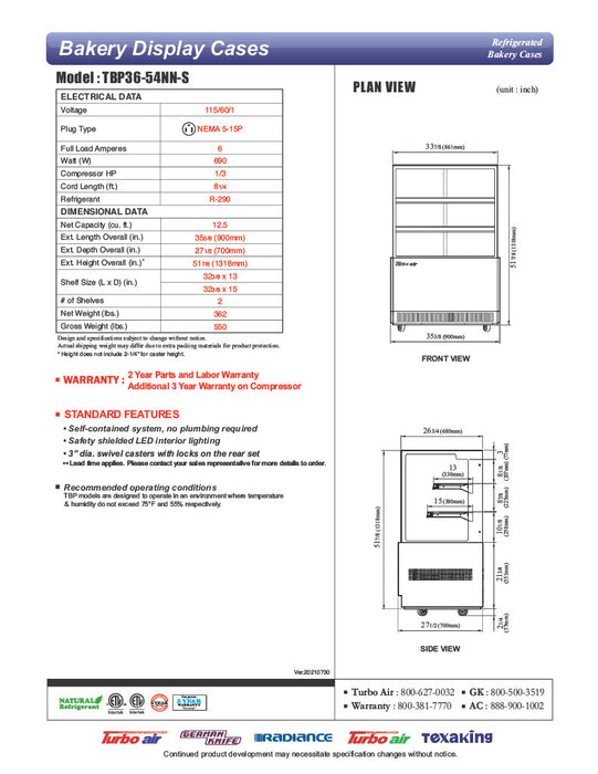 Turbo Air TBP36-54NN-S 35-3/8" Straight Glass Full-Service Bakery Display Case, 3 Levels, Stainless Steel Exterior, 115v          Ask ChatGPT - Donut-Equipment.com