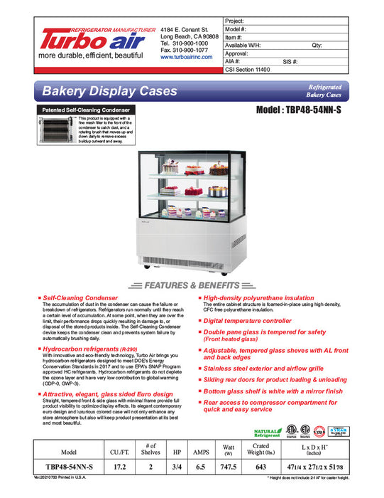 Turbo Air TBP48-54NN-S 47-1/4" Straight Glass Full-Service Bakery Display Case, 3 Levels, Stainless Steel Exterior, 115v - Donut-Equipment.com
