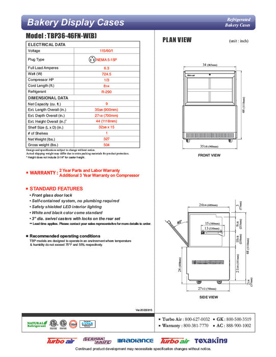 Turbo Air TBP36-46FN-B 35-3/8" Straight Glass Refrigerated Bakery Display Case, 2 Levels, Black Exterior, 115v - Donut-Equipment.com