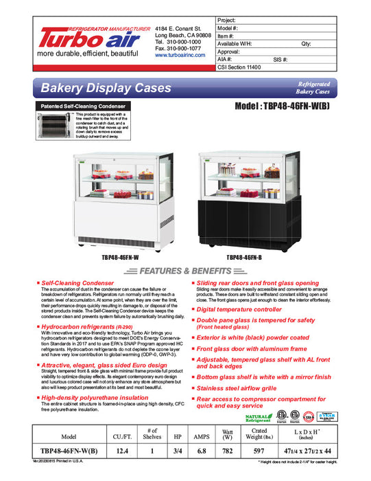 Turbo Air TBP48-46FN-B 47-1/4" Straight Glass Refrigerated Bakery Display Case, 2 Levels, Black Exterior, 115v - Donut-Equipment.com