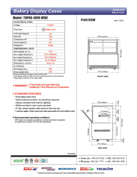 Turbo Air TBP48-46FN-B 47-1/4" Straight Glass Refrigerated Bakery Display Case, 2 Levels, Black Exterior, 115v - Donut-Equipment.com