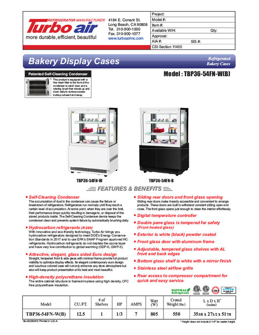 Turbo Air TBP36-54FN-B 35-3/8" Straight Glass Refrigerated Bakery Display Case, 3 Levels, Black Exterior, 115v - Donut-Equipment.com