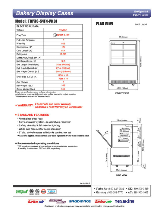 Turbo Air TBP36-54FN-B 35-3/8" Straight Glass Refrigerated Bakery Display Case, 3 Levels, Black Exterior, 115v - Donut-Equipment.com