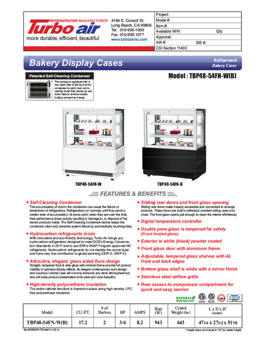 Turbo Air TBP48-54FN-B 47-1/4" Straight Glass Refrigerated Bakery Display Case, 3 Levels, Black Exterior, 115v - Donut-Equipment.com