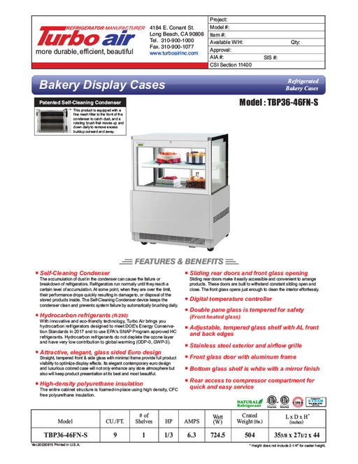Turbo Air TBP36-46FN-S 35 3/8" Straight Glass Refrigerated Bakery Display Case, 2 Levels, Stainless Steel, 115v - Donut-Equipment.com