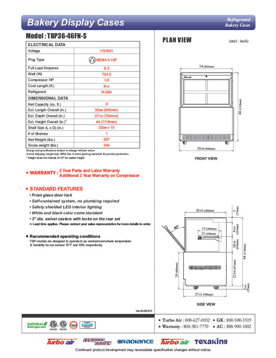 Turbo Air TBP36-46FN-S 35 3/8" Straight Glass Refrigerated Bakery Display Case, 2 Levels, Stainless Steel, 115v - Donut-Equipment.com