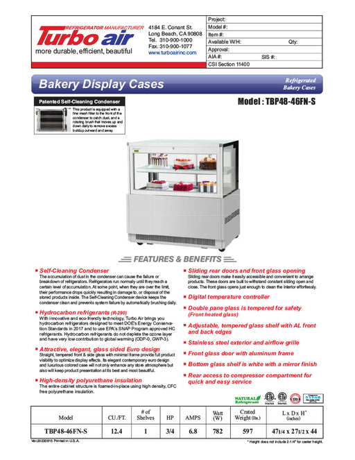 Turbo Air TBP48-46FN-S 47 1/4" Straight Glass Refrigerated Bakery Display Case, 2 Levels, Stainless Steel, 115v - Donut-Equipment.com