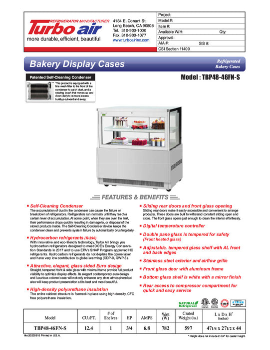 Turbo Air TBP48-46FN-S 47 1/4" Straight Glass Refrigerated Bakery Display Case, 2 Levels, Stainless Steel, 115v - Donut-Equipment.com