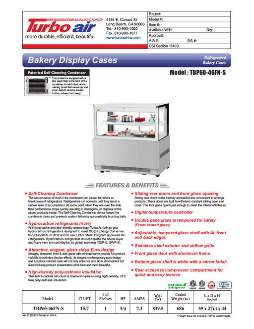 Turbo Air TBP60-54FN-S 59" Refrigerated Bakery Display Case w/ Straight Glass - (3) Levels, 115v, Stainless Steel - Donut-Equipment.com