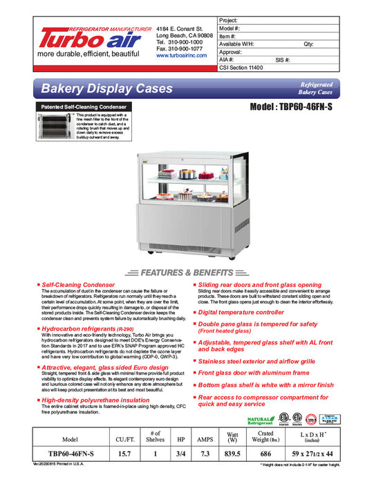 Turbo Air TBP60-54FN-S 59" Refrigerated Bakery Display Case w/ Straight Glass - (3) Levels, 115v, Stainless Steel - Donut-Equipment.com